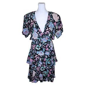 Vintage 80s Wrap Dress Short Sleeve Womens Size S Black Floral Flounce Skirt